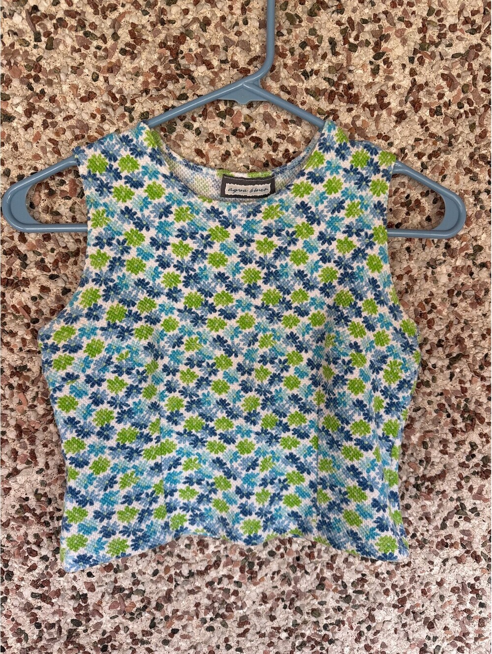 Aqua Blues Y2K Blue Green Floral Knit Crop Tank Top Sleeveless
